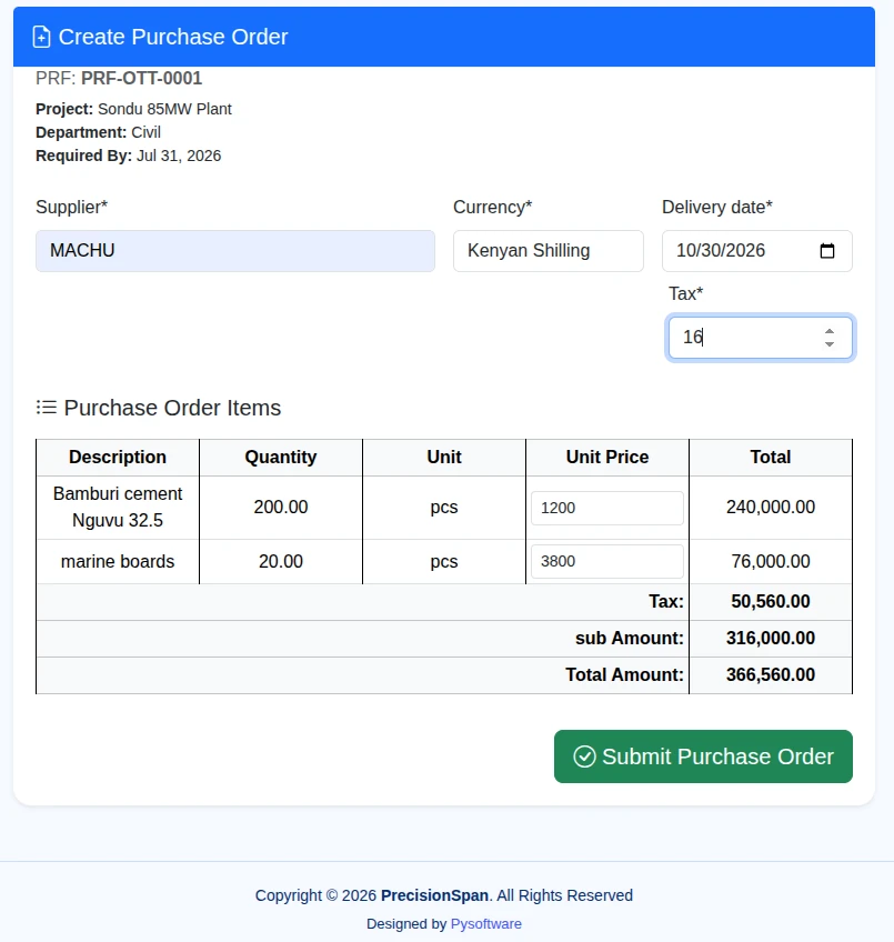 PrecisionSpan purchase order creation form