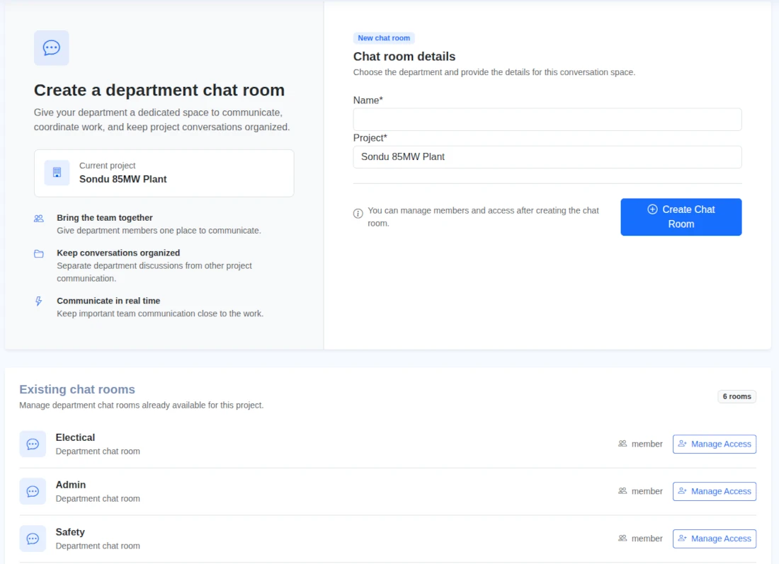 PrecisionSpan department chat room creation and management page