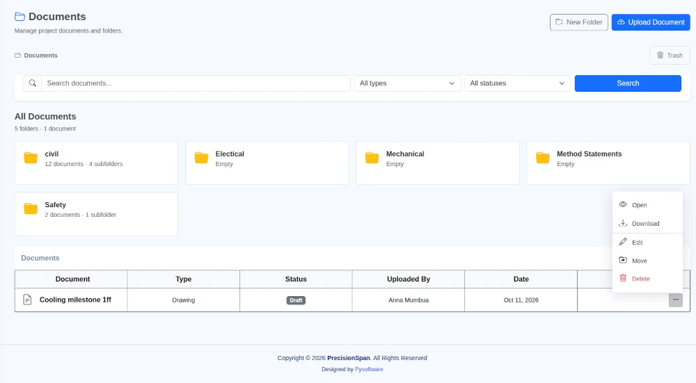 PrecisionSpan project document management workspace